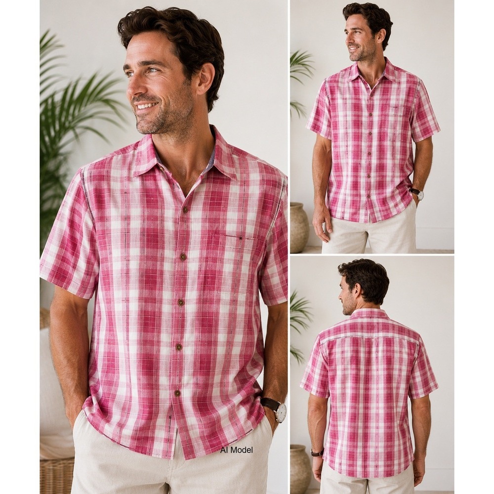 Tommy Bahama Pink Plaid Camp Shirt Mens XL Coastal Summer Resort Button Up